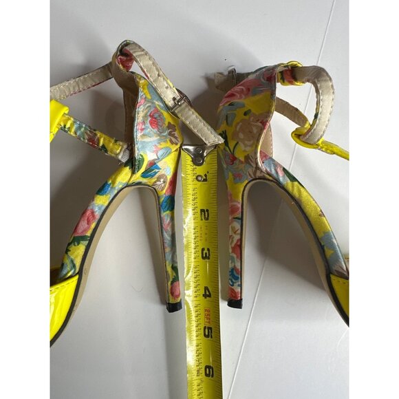 Yellow Floral T-Strap High Heels With Ankle Strap & 4.5" Stiletto Heel - Picture 6 of 7